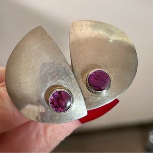 Vintage Sterling silver Oversized art deco Magenta Modernist Clip earrings